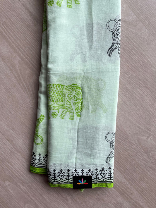 Mint Frost Green Printed Mul Cotton Saree (Without blouse)-31029