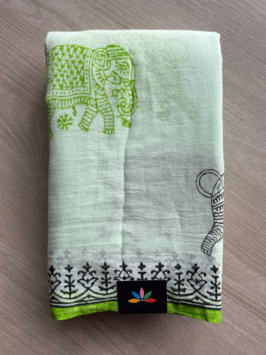 Mint Frost Green Printed Mul Cotton Saree (Without blouse)-31029