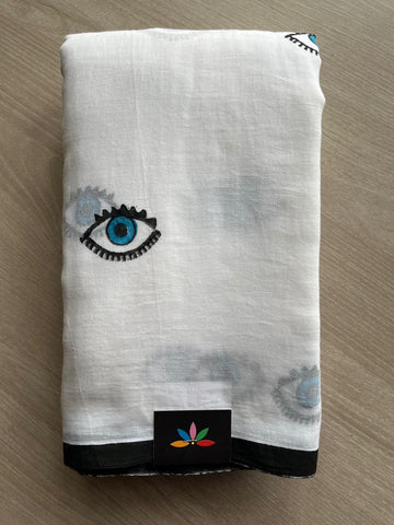 White Printed Mul Cotton Saree (Without blouse)-31046