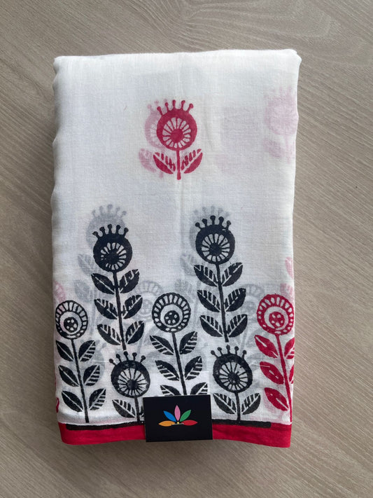 White Printed Mul Cotton Saree (Without blouse) - 31646_31647