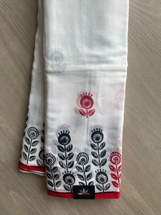 White Printed Mul Cotton Saree (Without blouse) - 31646_31647