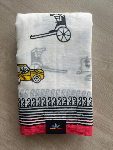 White Printed Mul Cotton Saree (Without blouse) - 31650