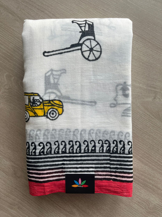 White Printed Mul Cotton Saree (Without blouse) - 31650