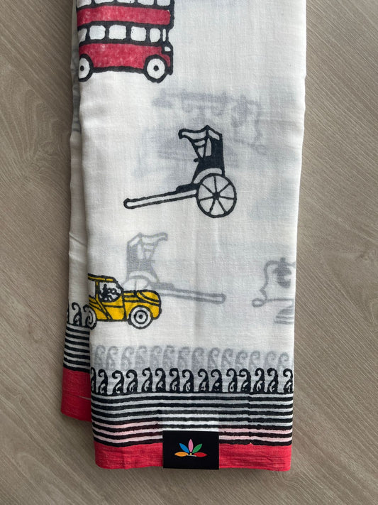 White Printed Mul Cotton Saree (Without blouse) - 31650