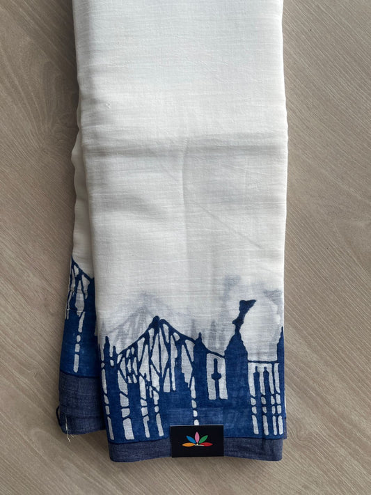 White Printed Mul Cotton Saree (Without blouse) - 31651