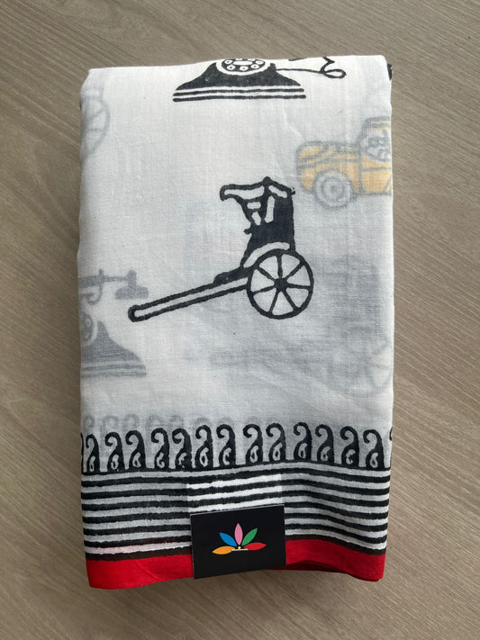 White Printed Mul Cotton Saree (Without blouse) - 31652