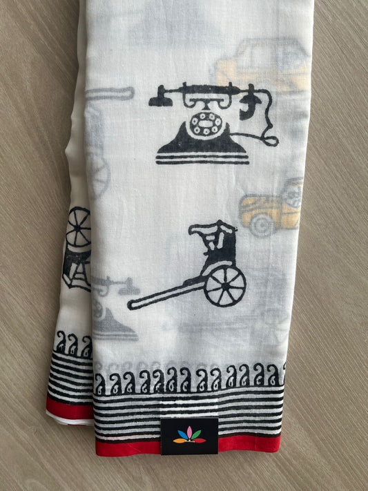 White Printed Mul Cotton Saree (Without blouse) - 31652