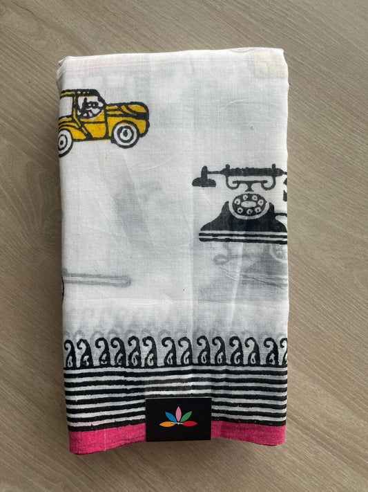 White Printed Mul Cotton Saree (Without blouse) - 31655