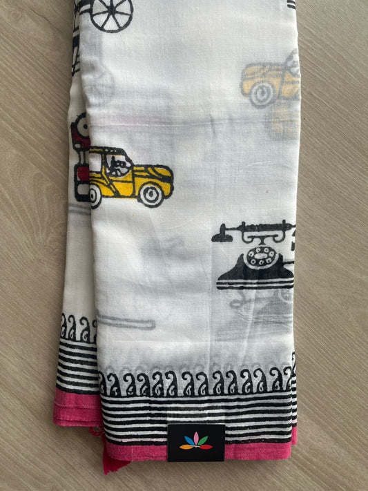 White Printed Mul Cotton Saree (Without blouse) - 31655