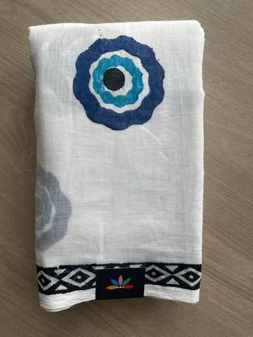 White Printed Mul Cotton Saree (Without blouse) - 31658
