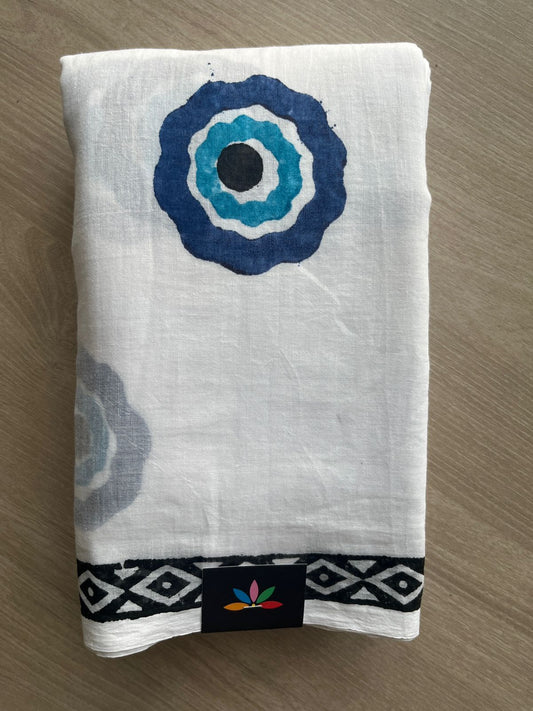 White Printed Mul Cotton Saree (Without blouse) - 31658
