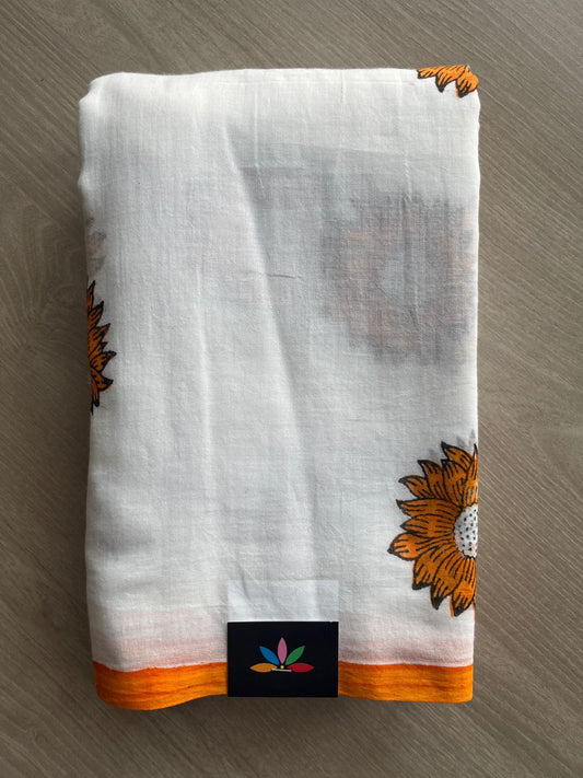 White Printed Mul Cotton Saree (Without blouse) - 31661