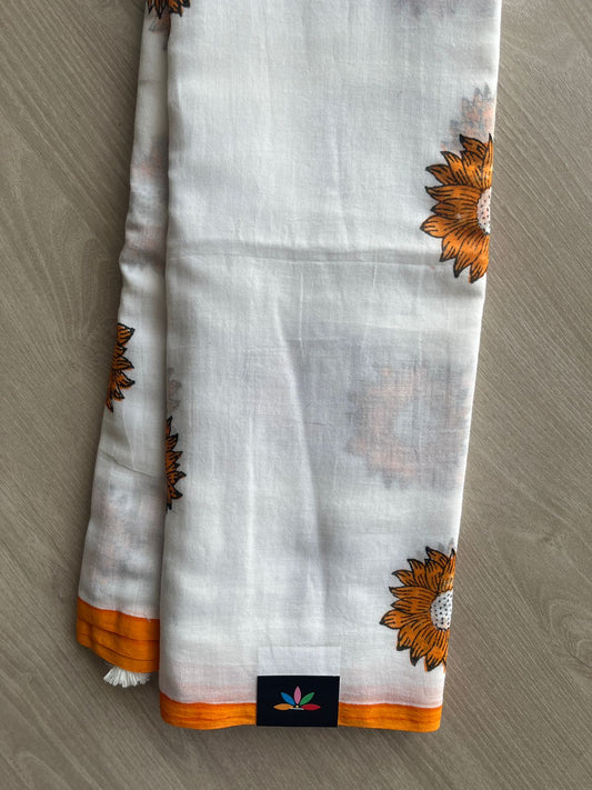 White Printed Mul Cotton Saree (Without blouse) - 31661