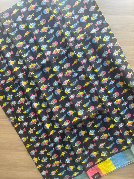 Black Quirky Printed Mul Cotton Saree -29258_29259