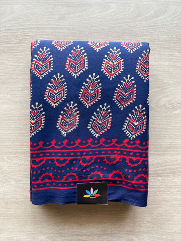 Dark Sapphire Shade Handblock Printed Mul Cotton Saree - 32495_32496