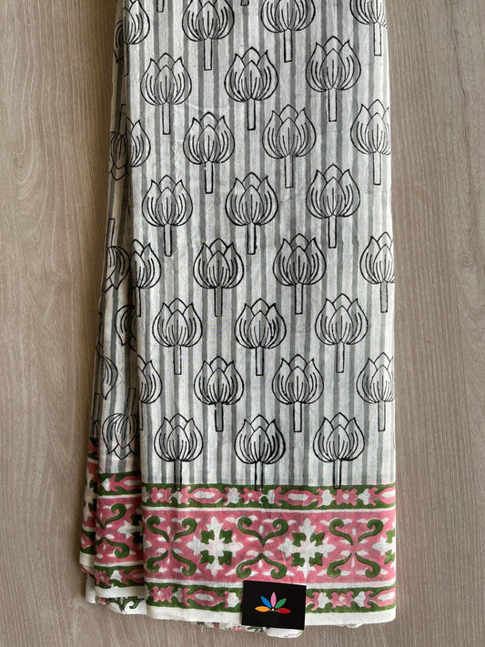 Handblock Printed Mul Cotton Saree - 32497_32498