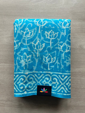 Bright Sky Blue Handblock Printed Mul Cotton Saree - 32501_32502