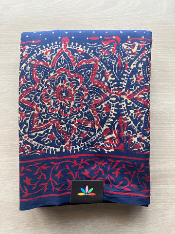 Dark Sapphire Shade Handblock Printed Mul Cotton Saree - 32503_32504