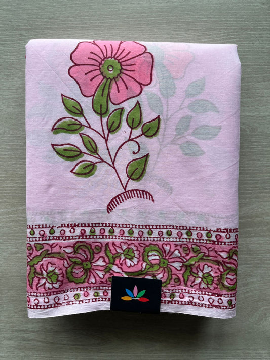 Light Pink Handblock Printed Mul Cotton Saree - 32507_32508