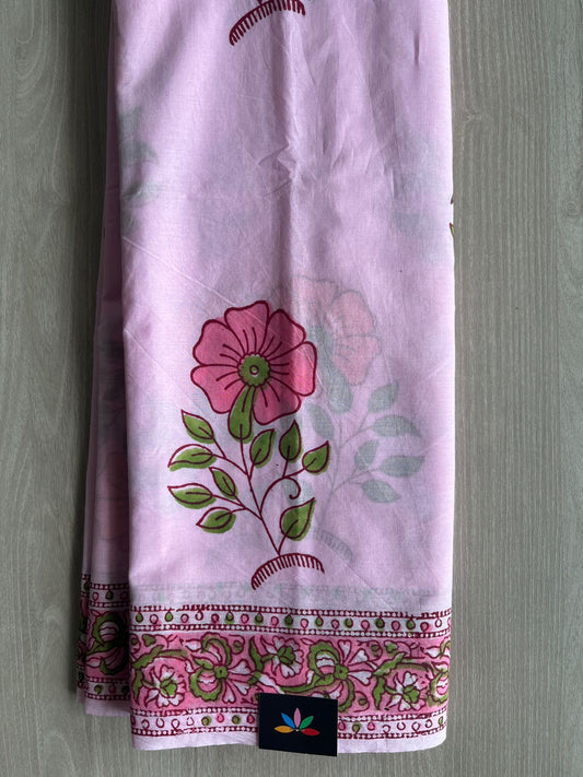 Light Pink Handblock Printed Mul Cotton Saree - 32507_32508
