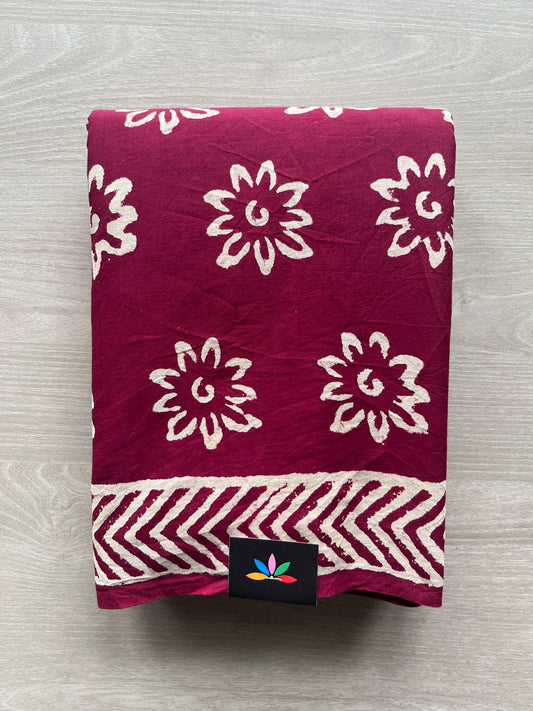 Claret Shade Handblock Printed Mul Cotton Saree - 32509_32510