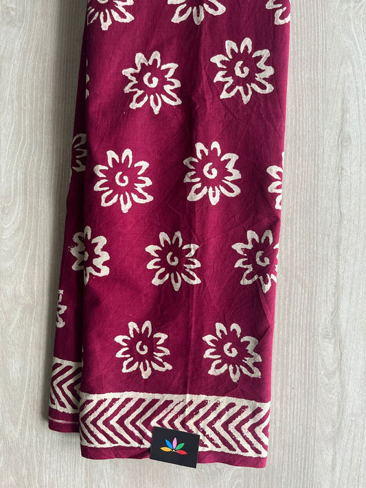 Claret Shade Handblock Printed Mul Cotton Saree - 32509_32510