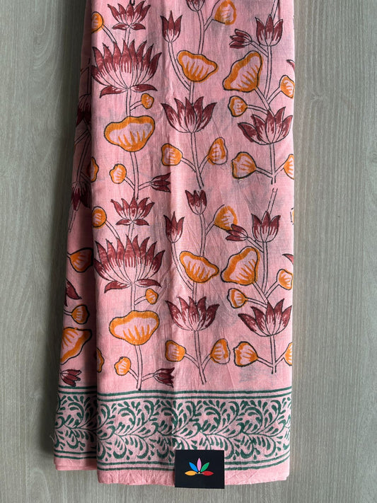 Light Salmon Pink Handblock Printed Mul Cotton Saree - 32513_32515