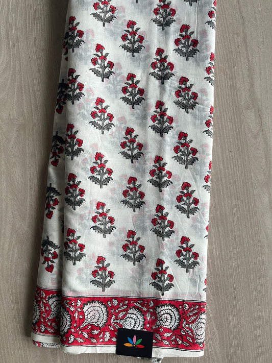 White Handblock Printed Mul Cotton Saree - 32516_32517