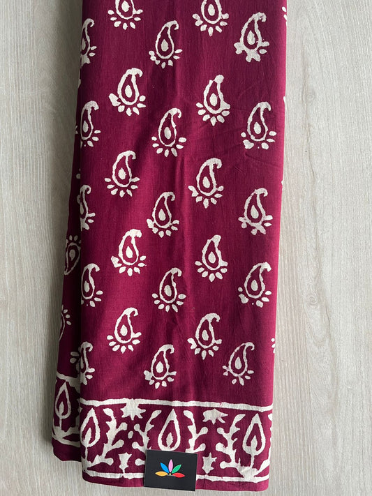 Claret Shade Handblock Printed Mul Cotton Saree - 32518_32521