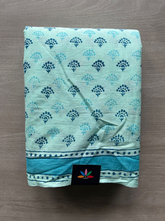 Powder Blue Handblock Printed Mul Cotton Saree - 32522_32523