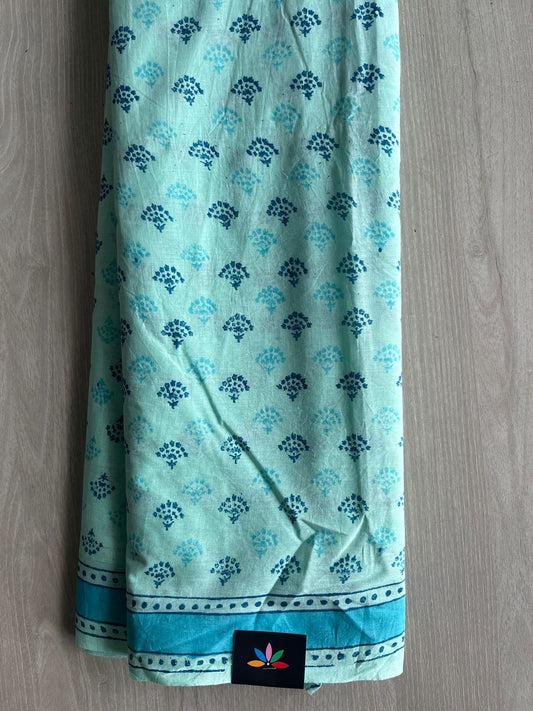Powder Blue Handblock Printed Mul Cotton Saree - 32522_32523