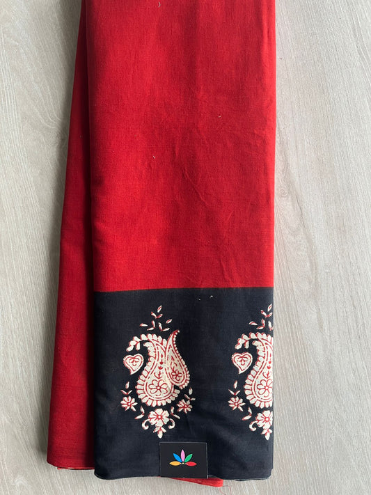 Crimson Red Handblock Printed Mul Cotton Saree - 32524