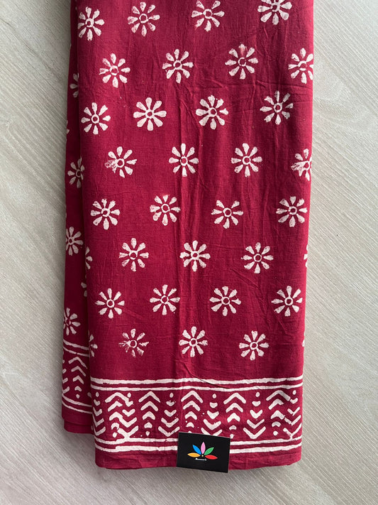Maroon Handblock Printed Mul Cotton Saree - 32538_32539