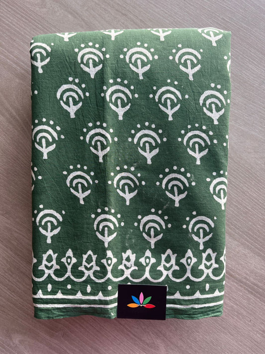 Hunter Green Handblock Printed Mul Cotton Saree - 32546_32547
