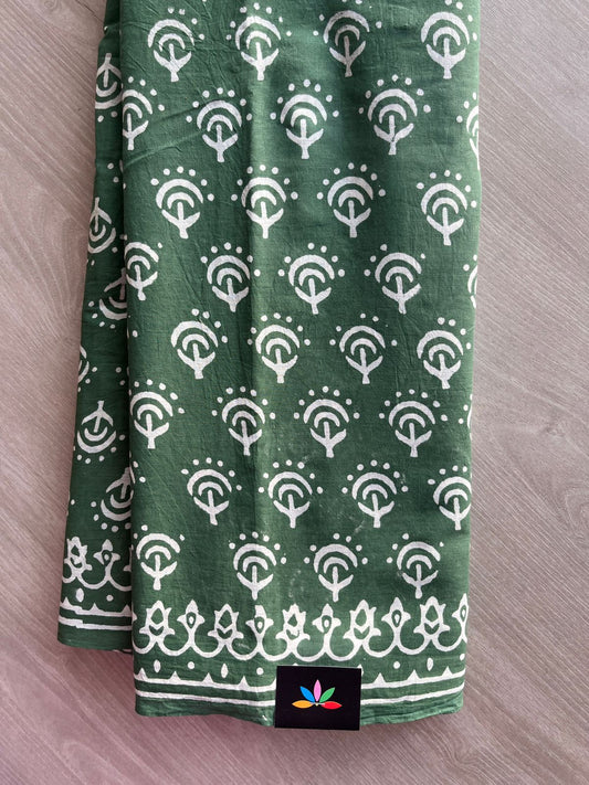 Hunter Green Handblock Printed Mul Cotton Saree - 32546_32547