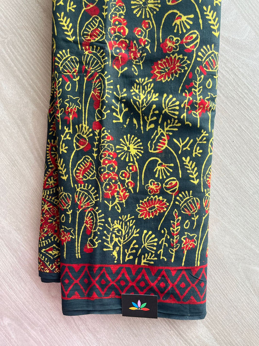 Black Handblock Printed Mul Cotton Saree - 32548_32549