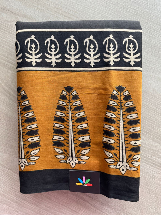 Black Handblock Printed Mul Cotton Saree - 32550_32551