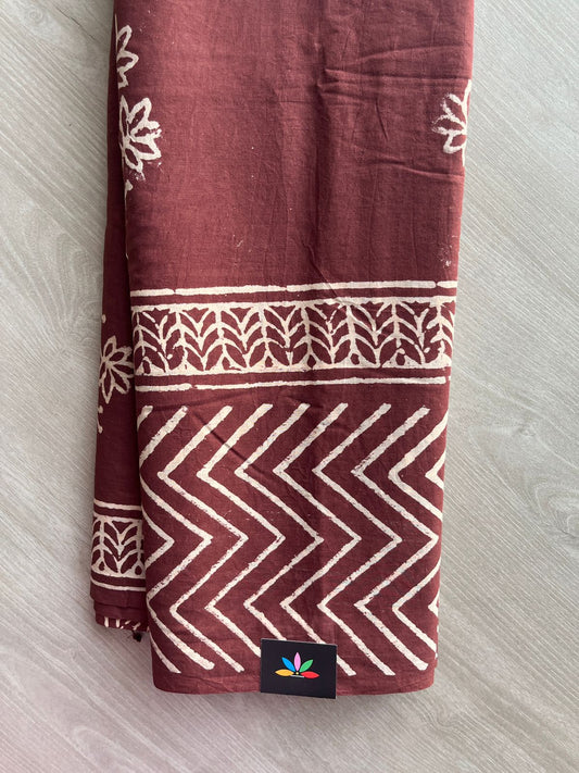 Deep Maroon Handblock Printed Mul Cotton Saree - 32564_32565