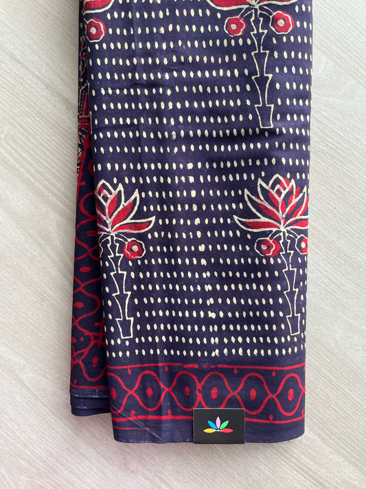 Dark Navy Blue Handblock Printed Mul Cotton Saree - 32570_32571