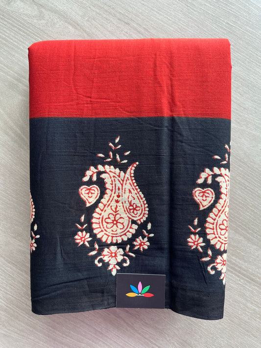 Crimson Red Handblock Printed Mul Cotton Saree - 32574_32575
