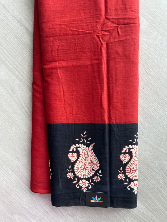 Crimson Red Handblock Printed Mul Cotton Saree - 32574_32575