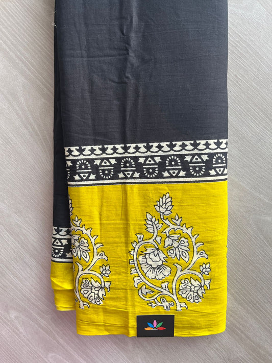 Black & Bright Yellow Handblock Printed Mul Cotton Saree - 32576_32577