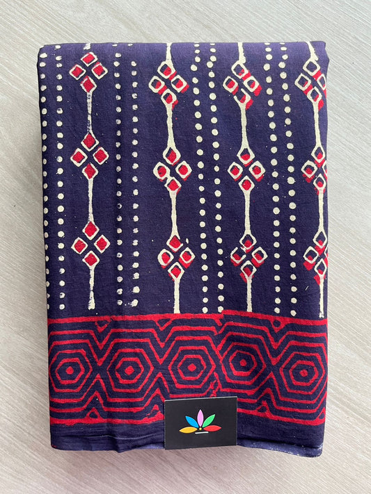 Dark Navy Blue Handblock Printed Mul Cotton Saree - 32580 32581