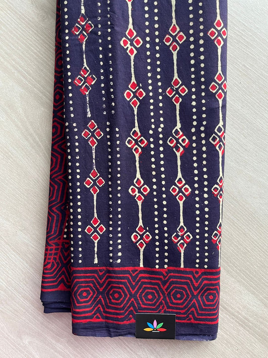 Dark Navy Blue Handblock Printed Mul Cotton Saree - 32580 32581