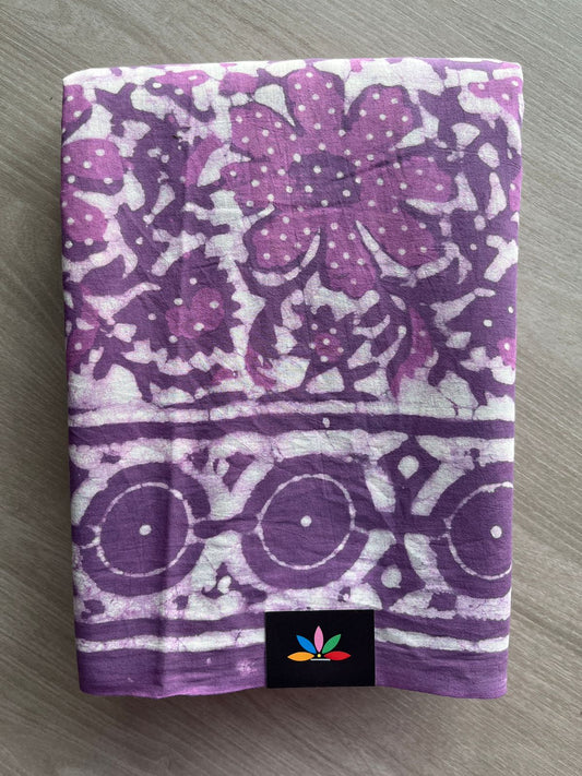 Dark Lilac Handblock Printed Mul Cotton Saree - 33622-33623