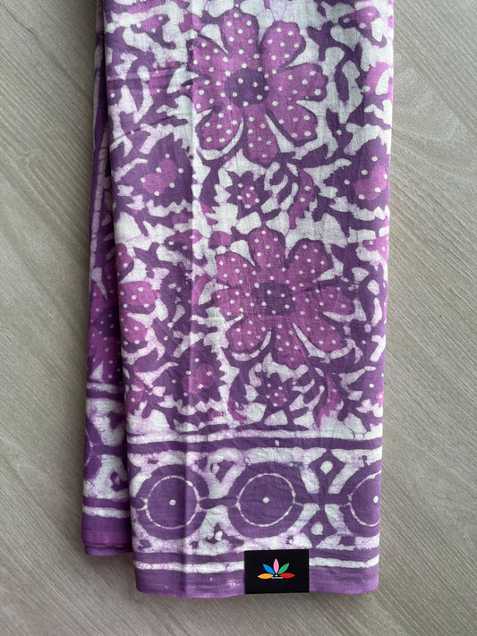 Dark Lilac Handblock Printed Mul Cotton Saree - 33622-33623