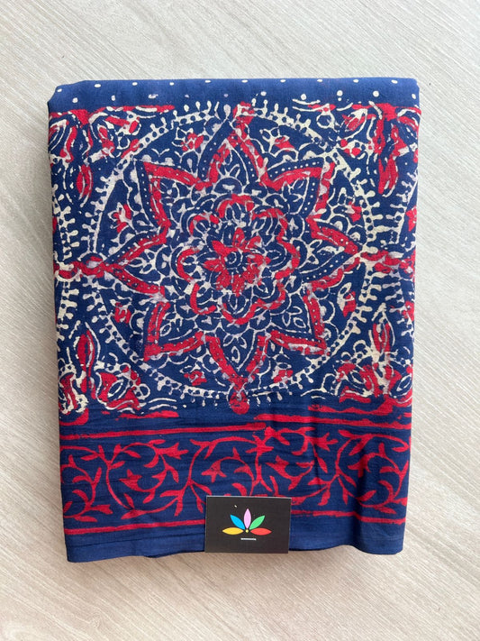 Dark Sapphire Shade Handblock Printed Mul Cotton Saree - 32664_32665