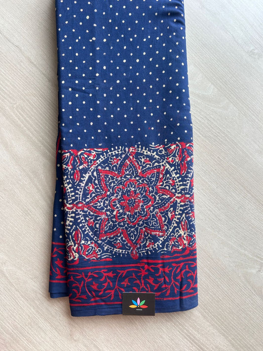 Dark Sapphire Shade Handblock Printed Mul Cotton Saree - 32664_32665