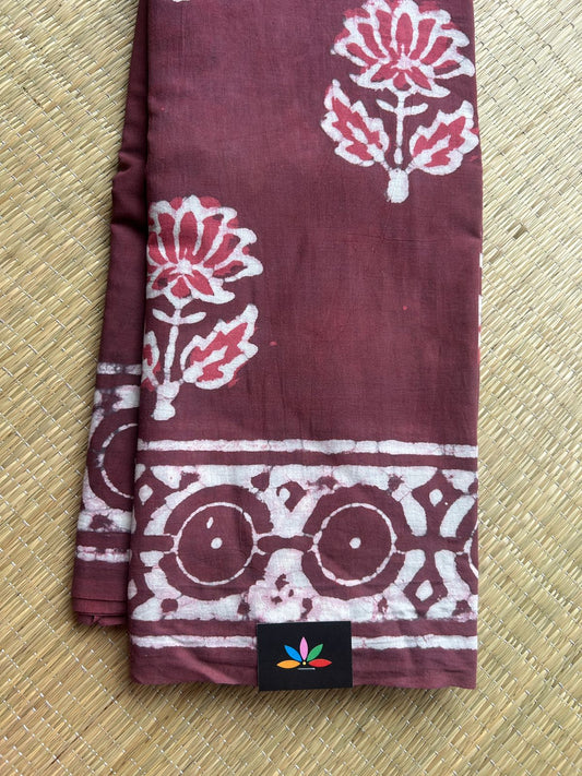 Vintage Maroon Handblock Printed Mul Cotton Saree - 32670_32671