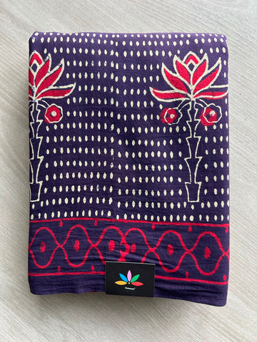 Midnight Purple Handblock Printed Mul Cotton Saree - 32672_32673